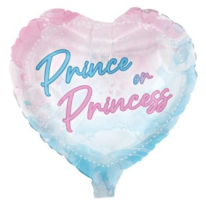 Herzförmiger Gender Reveal Folienballon in Rosa-Blau mit "Prince or Princess" Schriftzug. Ideal für Party Deko, 45 cm.