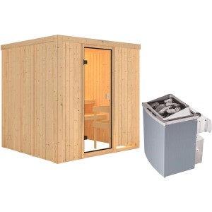 Woodfeeling Sauna Tromsö mit bronzierter Glastür und 9 kW Ofen.