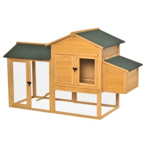 PawHut Zwerghühnerstall aus Holz mit grünem Dach, großem Auslauf, Nistkasten und Sitzstange.