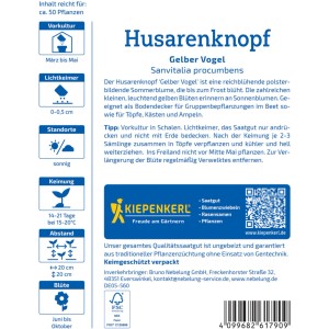 Kiepenkerl Saatgut Husarenknopf Gelber Vogel: Verpackung mit Infos zu Aussaat und Pflege.