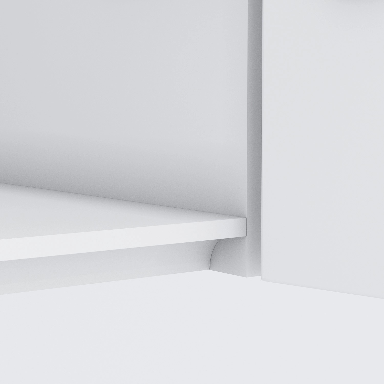 Detailaufnahme: Weißes Regal und Schrank einer Held Möbel Winkelküche.