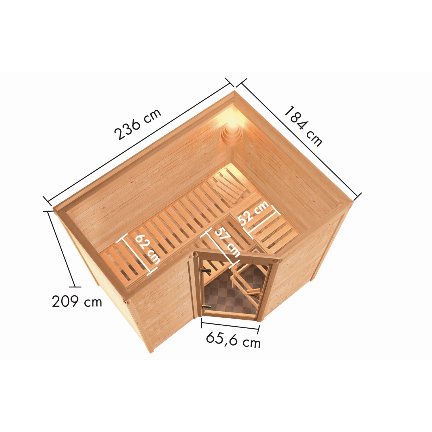 Karibu Sauna Steena 2 mit Ofen, Draufsicht mit Maßen. Massivholzsauna aus Fichte mit Eckeinstieg.