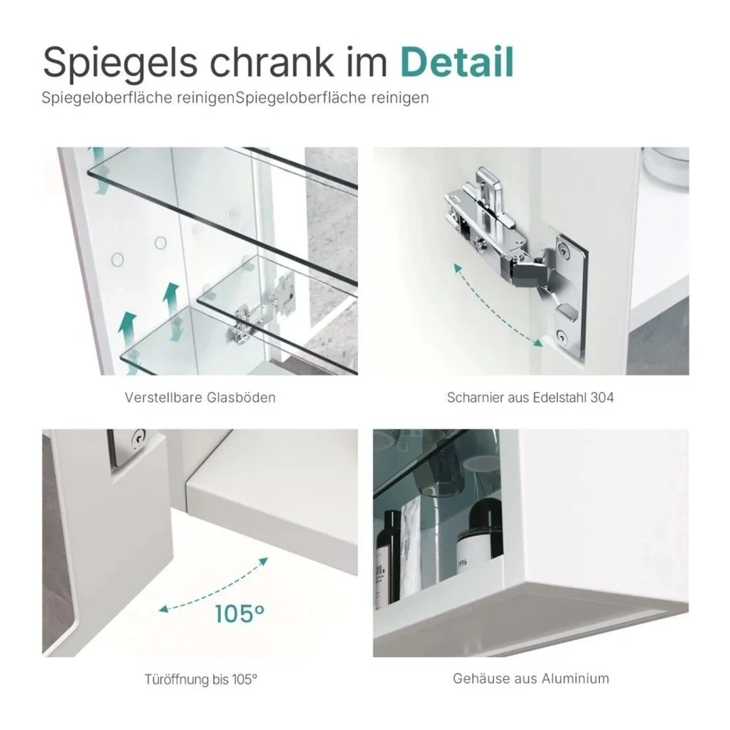 Details des Emke Spiegelschranks: verstellbare Glasböden, Edelstahl-Scharnier, 105° Türöffnung, Aluminiumgehäuse.