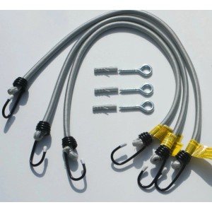 Graues HDPE Sonnensegel Dreieck 500 cm Zubehör: Spanngurte, Haken und Schrauben.