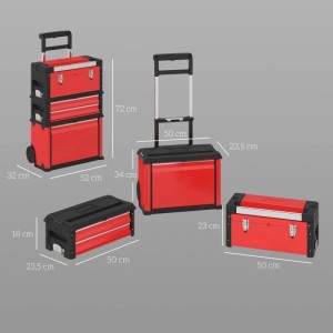 Roter, modularer HOMCOM Werkstattwagen mit 3 stapelbaren Werkzeugkoffern, Rollen und Schubladen, einzeln gezeigt.