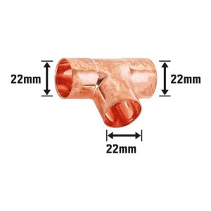 Löt-T-Stück aus Kupfer, Durchmesser 22 mm, für die Installation von Kupferrohren.