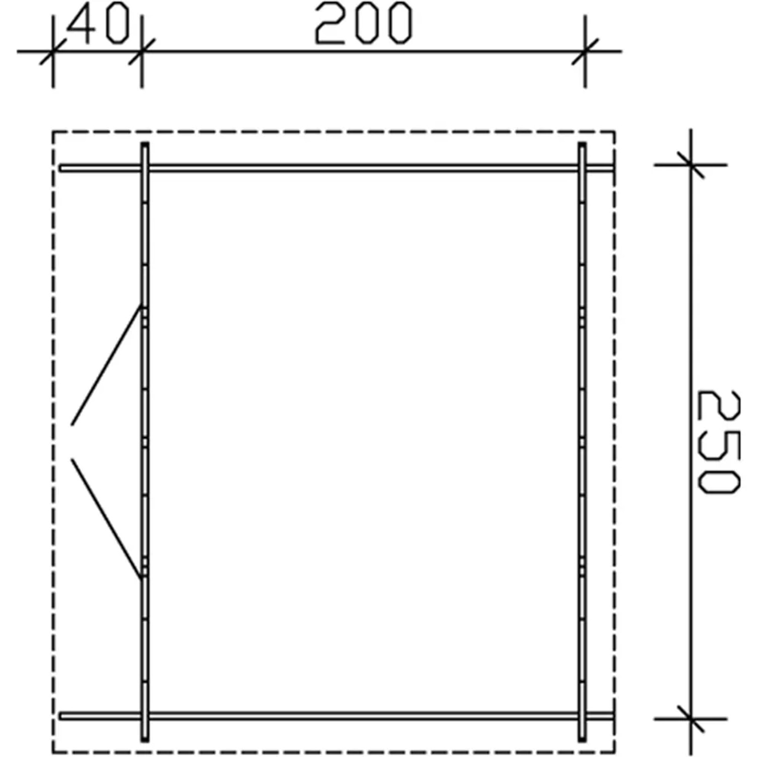 Grundriss Skan Holz Gartenhaus Palma 1, 250x200 cm, unbehandeltes Holz.
