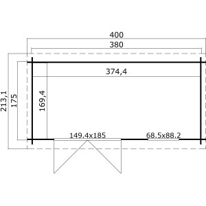 Grundriss Lasita Holz-Gartenhaus Amira 175, 400x213cm, Gletschergrün. Abmessungen und Türposition.