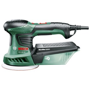 Bosch Exzenterschleifer PEX 300 AE in Grün/Schwarz mit Staubfangbox.