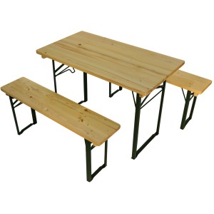 Bierzeltgarnitur für Balkon/Terrasse mit 60 cm Tischbreite, Holzplatten und grünem Stahlgestell.