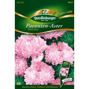 Samenpackung Quedlinburger Paeonienaster 'Turm rosa' mit rosa Blüten.