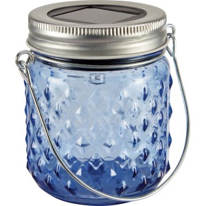 Blaue Solar Laterne im Einmachglas-Design mit silberfarbenem Deckel und Henkel.