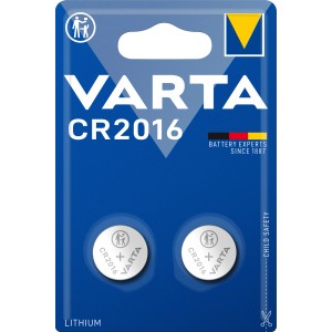 Varta CR2016 Knopfzelle, 2er-Pack in blauer Verpackung. Lithium Batterie für Elektronikgeräte.