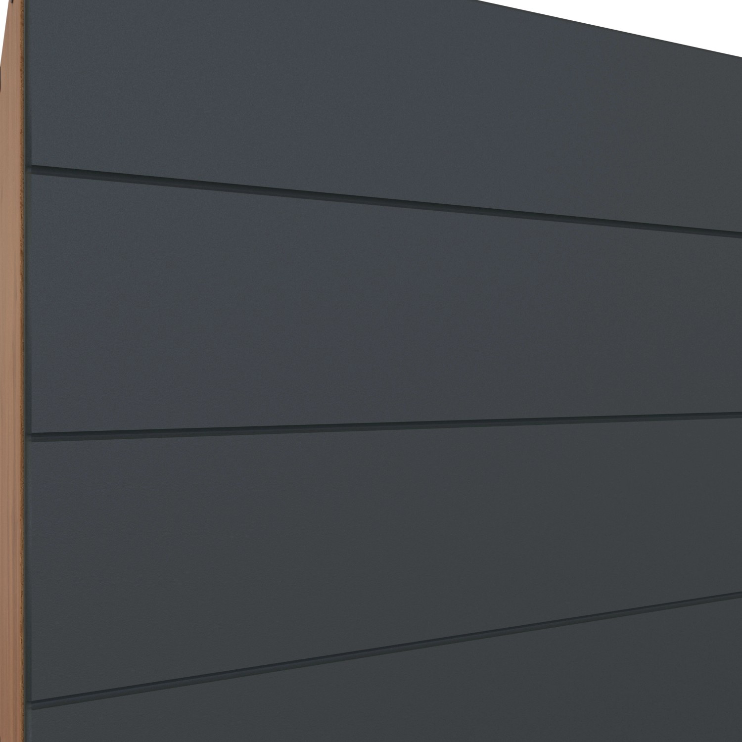 Detailansicht: Graue Held Möbel Winkelküche mit Wotaneiche-Akzenten, ohne E-Geräte.