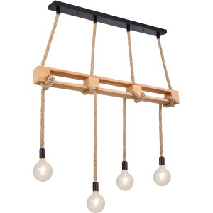 Globo Pendelleuchte Ulleu, 4-flammig, schwarz-natur mit Holz und Seil.