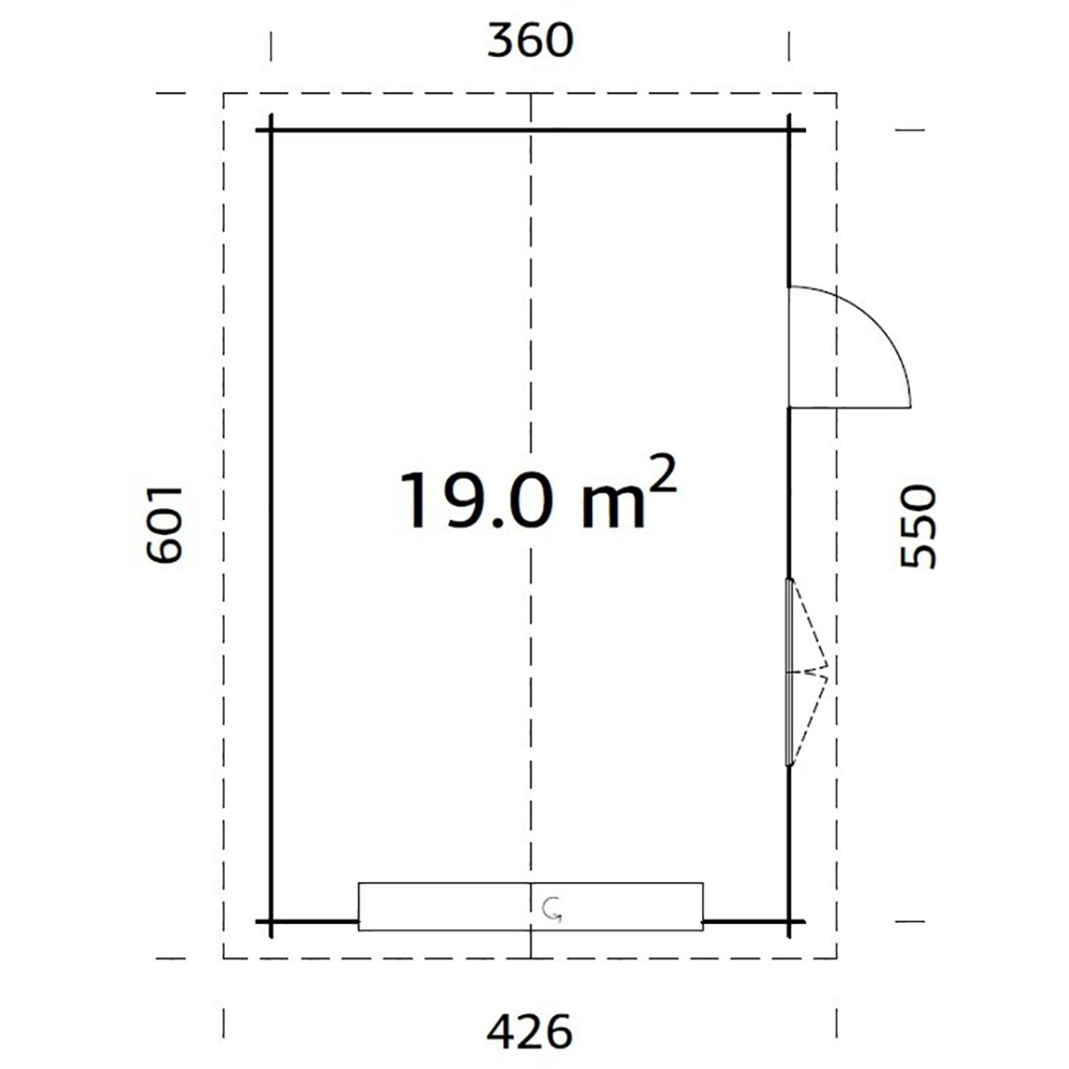 Grundriss Palmako Holzgarage Roger mit Sektionaltor, Maße 360x550 cm.