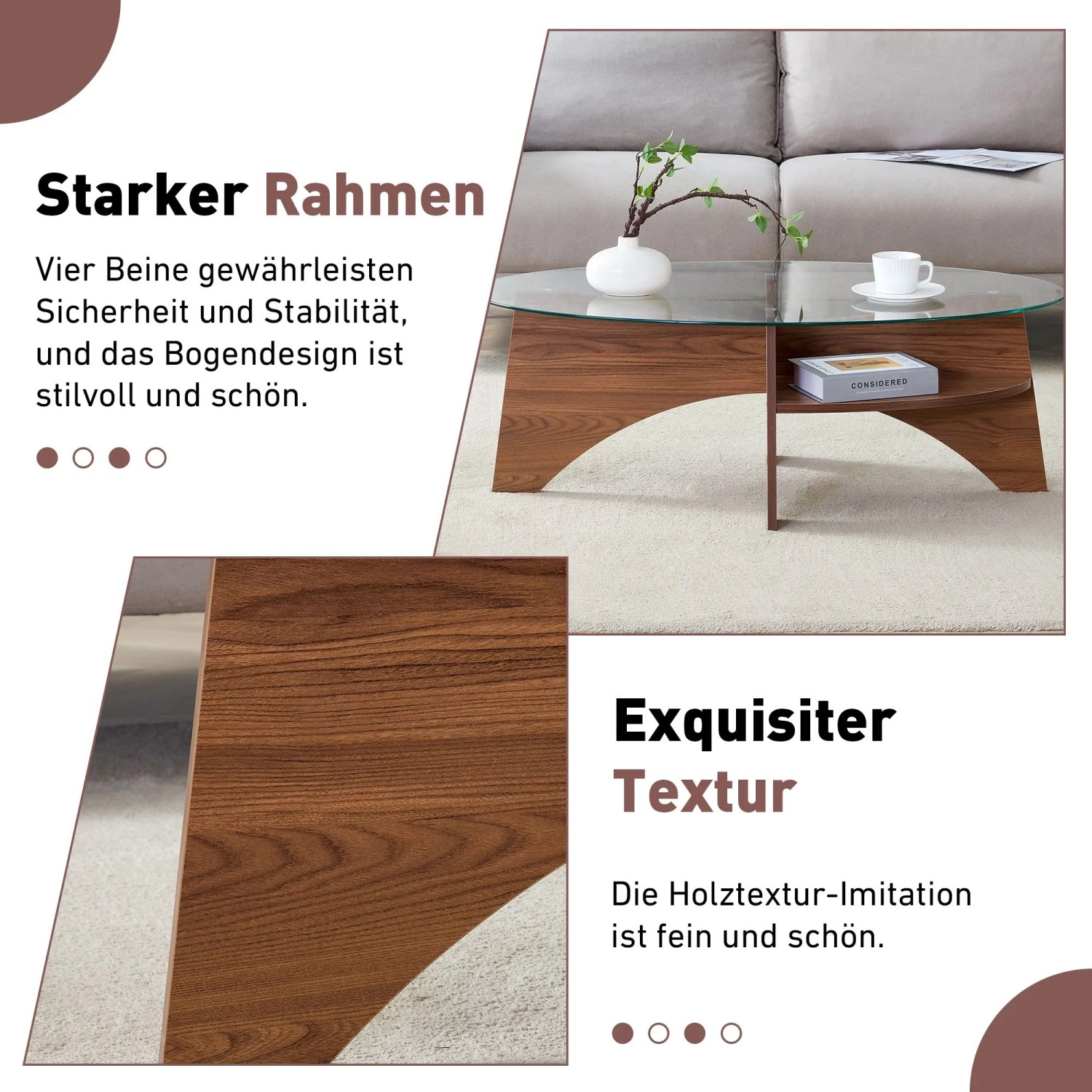 okwish Beistelltisch mit Sicherheitsglas Fächerförmiges Gestell Esszimmer Büro 105x60x35cm Braun_7