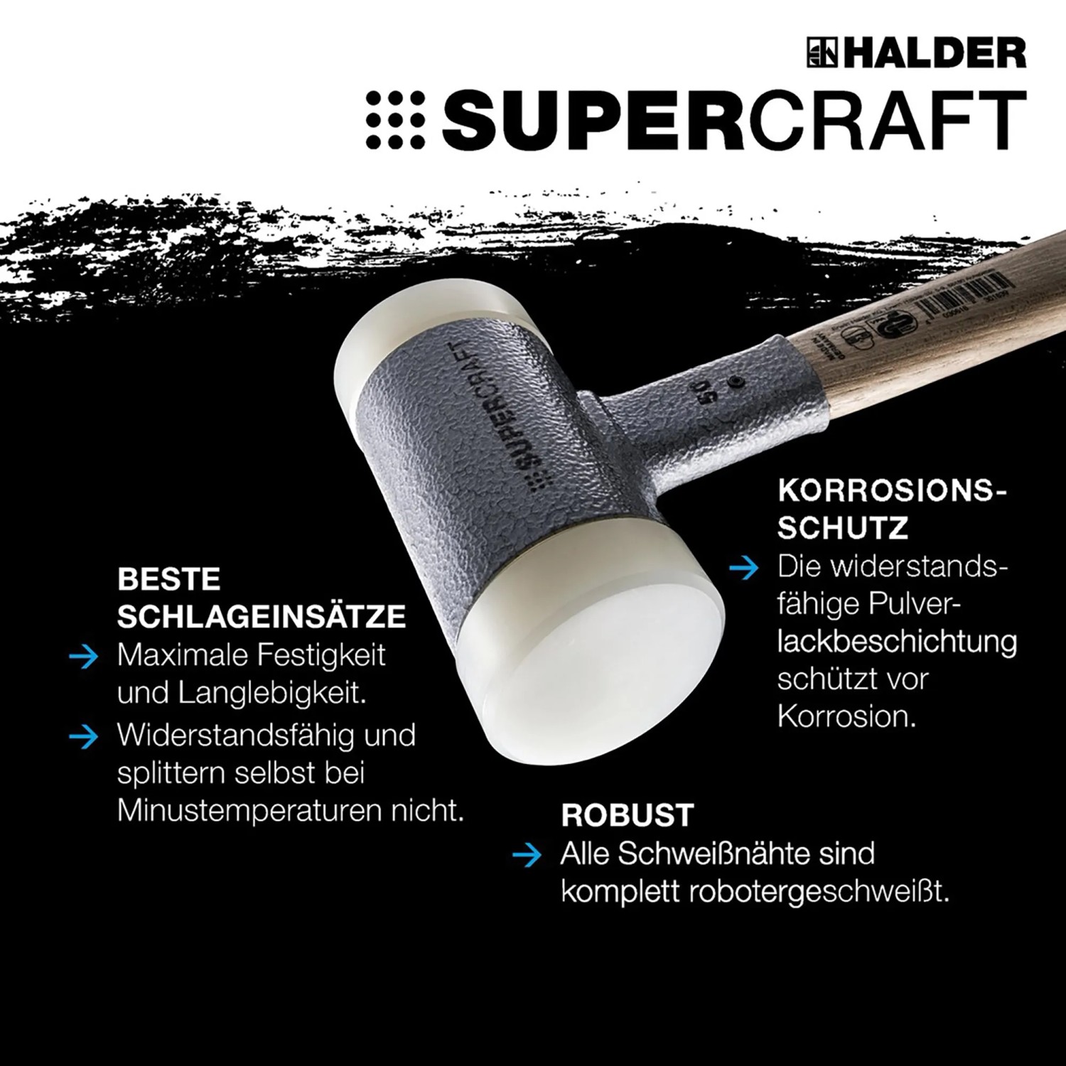 Halder Schonhammer Supercraft, 40mm, mit gelb-fluoreszierendem Stahlrohrstiel. Rückschlagfreier Hammer für kraftvolle Schläge.