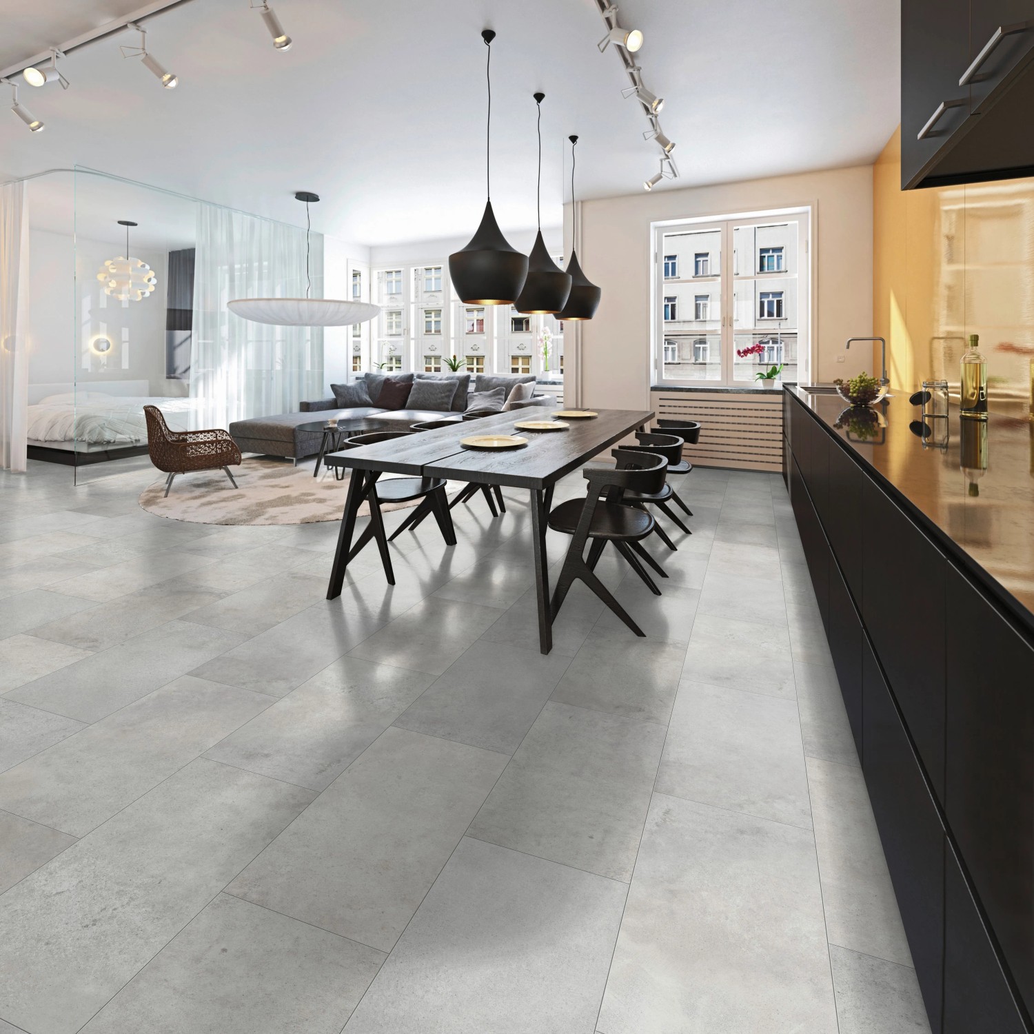 Helle Classen Ceramin Fliese Neo Vario Breccia in Steinoptik, verlegt im modernen Wohnraum.
