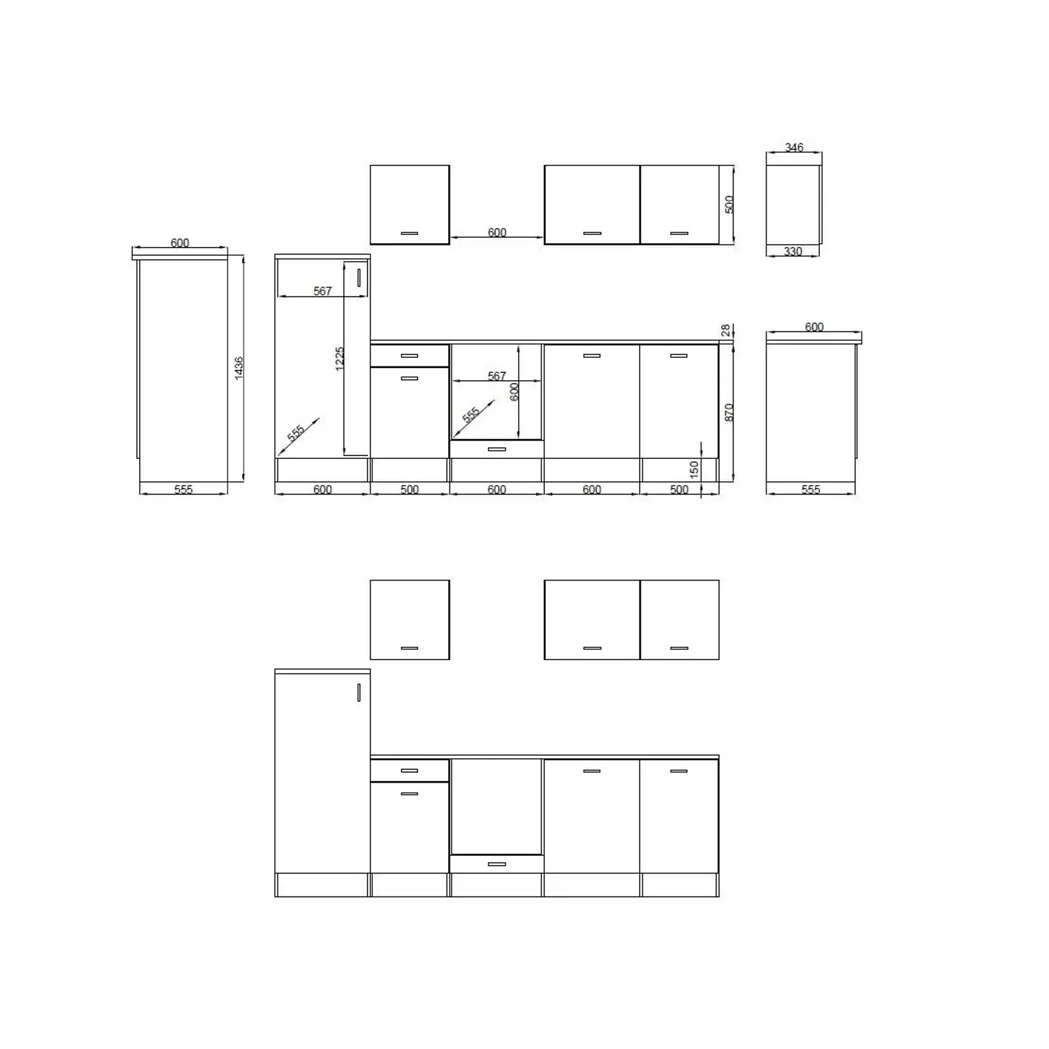 Skizze der weißen Respekta Küchenzeile Petunia 280 cm ohne Geräte, mit Maßangaben.