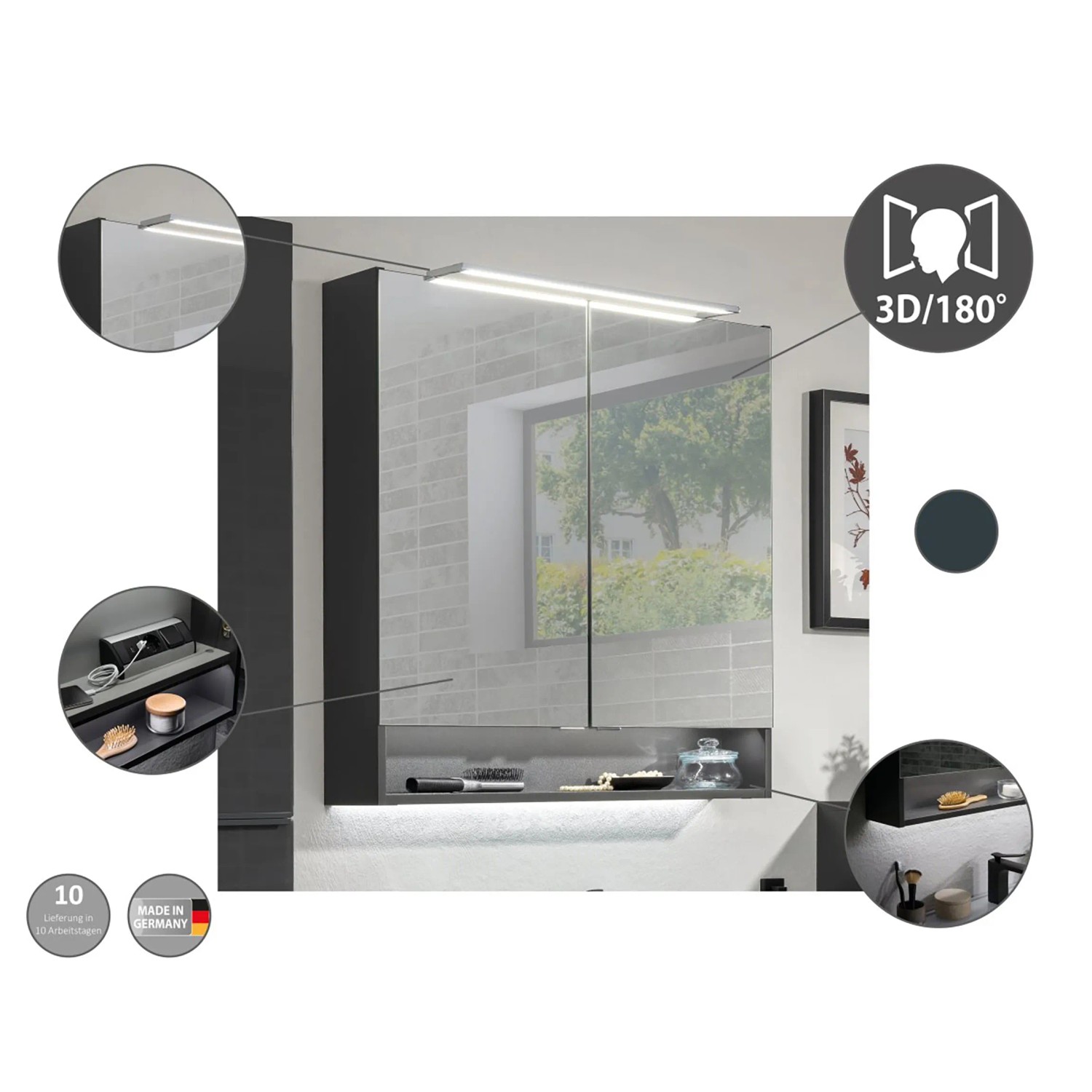 Fackelmann Luna Spiegelschrank, 80 cm, Anthrazit mit LED-Beleuchtung und Softclose-Türen.