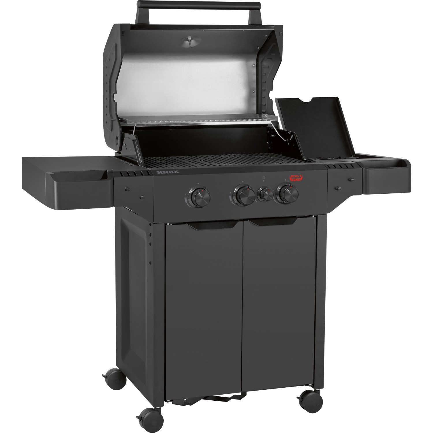 Schwarzer Jamestown 3-Brenner Gasgrill Knox II mit offenem Deckel und Seitenablagen.