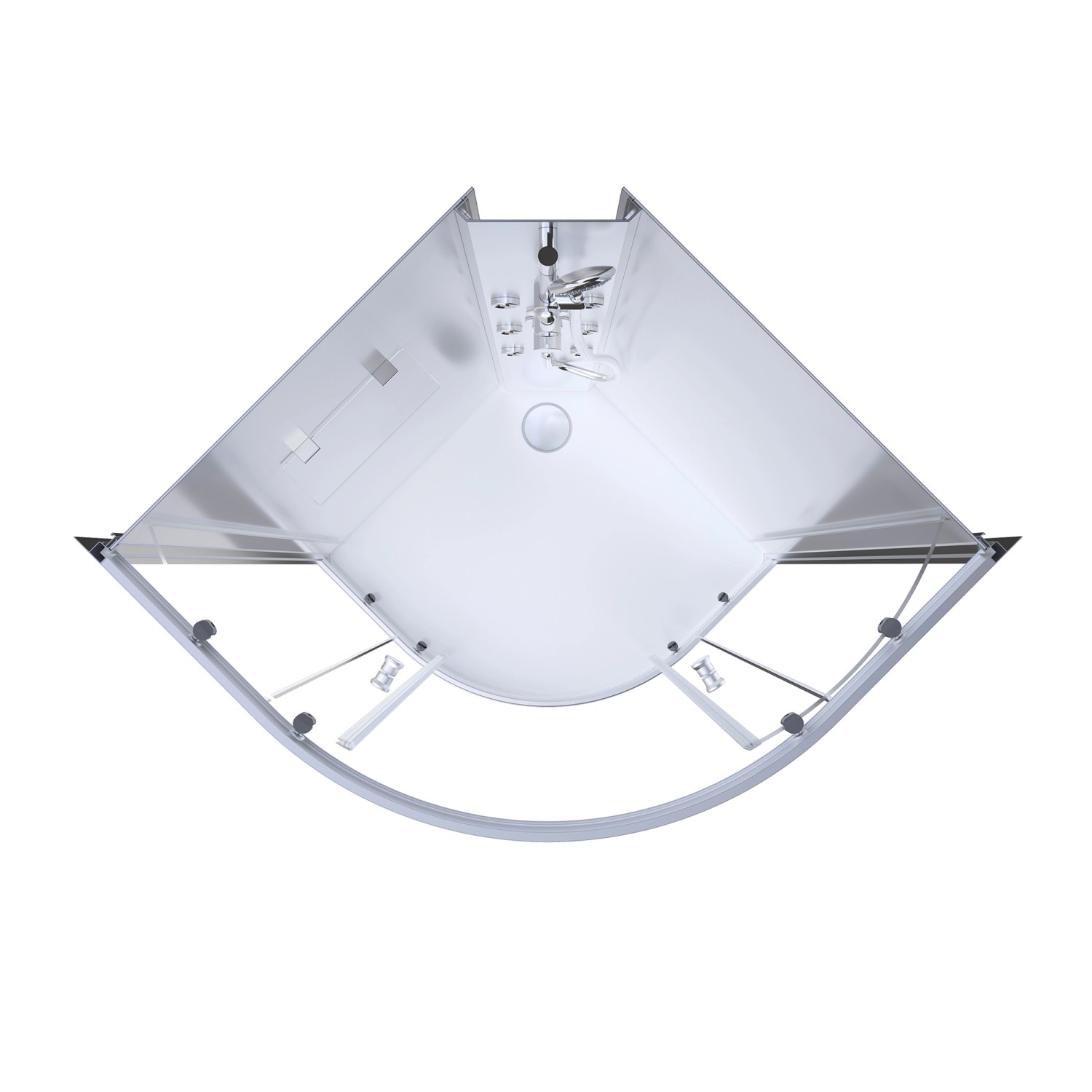 Aurlane Komplettdusche White Ocean 90x90x210cm, Aufsicht. Duschkabine mit Schiebetür und Armatur.