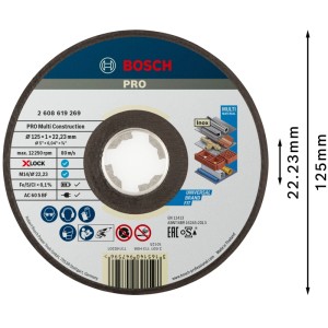 Dunkelgraue Bosch X-Lock Trennscheibe Multi Material, Ø 125 mm, für Winkelschleifer. Schneidet viele Materialien.