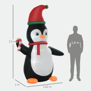 Aufblasbarer Weihnachtspinguin mit roter Mütze, Schal und Zuckerstange, 2,5m hoch. Ideal für Weihnachtsdekoration.