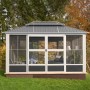 Sojag Pavillon Olan 1014, schwarz, mit Doppeldach, Schiebetüren und Moskitonetzen.