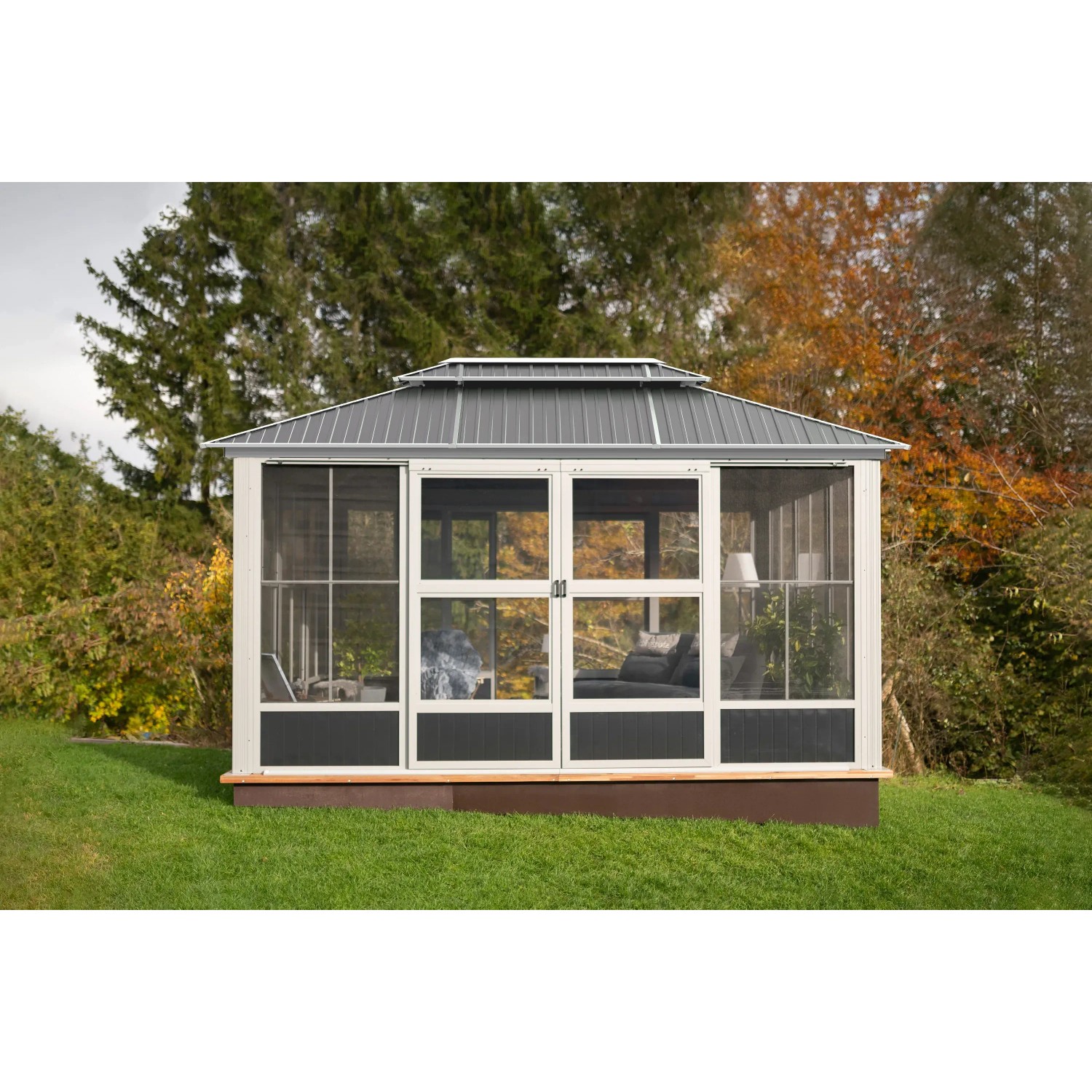 Sojag Pavillon Olan 1014, schwarz, mit Doppeldach, Schiebetüren und Moskitonetzen.