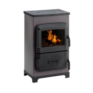 Wamsler RH 6F Kaminofen, Stahl grau, 6 kW. Küchenofen mit Feuer im Brennraum.