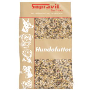 Supravit Flockenmix Plus Hunde-Trockenfutter mit Gemüse in beiger Verpackung, zeigt Flockenmischung.