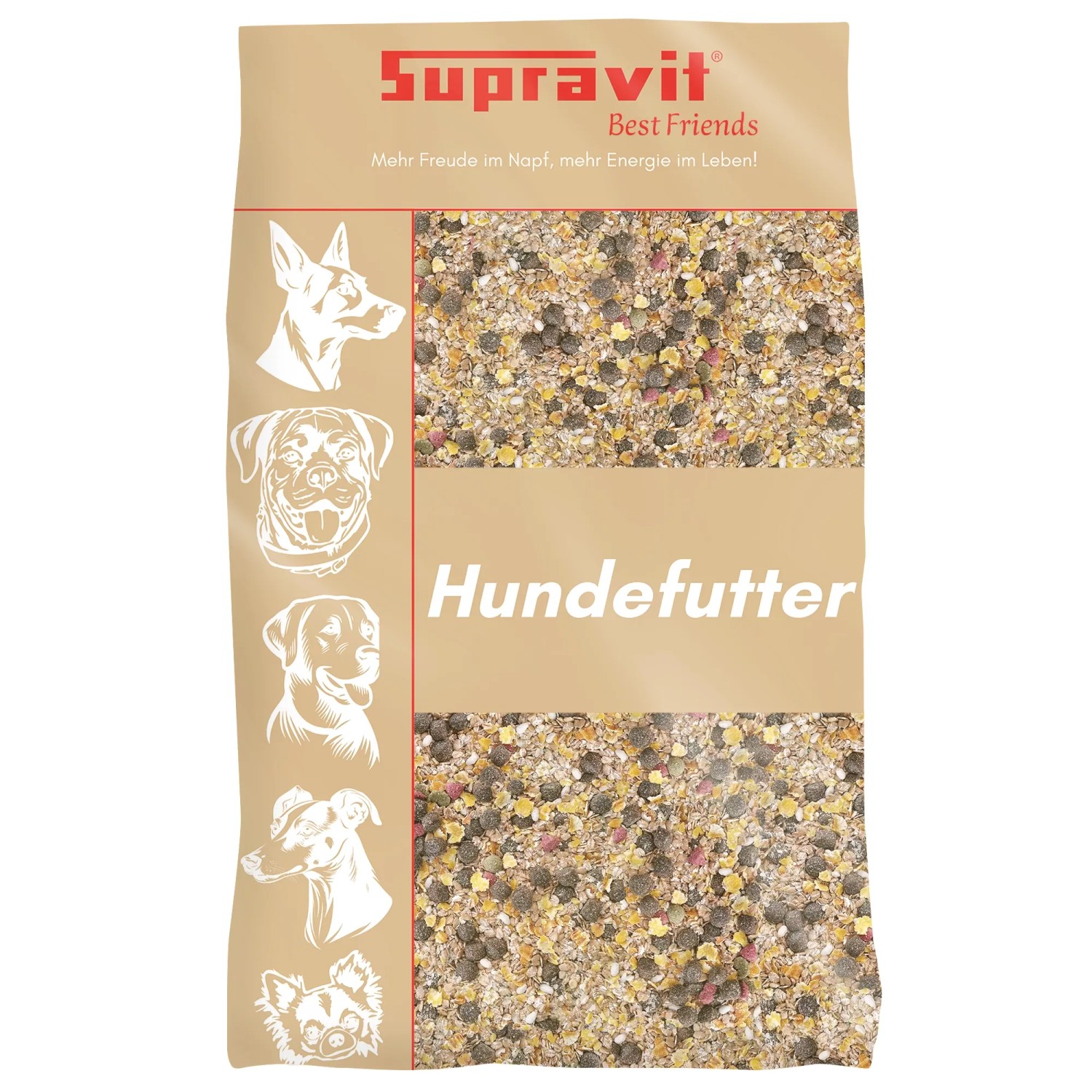 Supravit Flockenmix Plus Hunde-Trockenfutter mit Gemüse in beiger Verpackung, zeigt Flockenmischung.