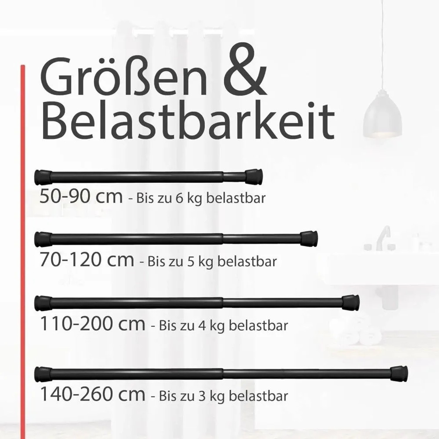 Bomoe Neptun Duschstange in Schwarz, verschiedene Größen und Belastbarkeiten dargestellt.