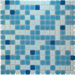 Mosaikmatte Glas Blau Mix Light, 33x33cm. Quadratische Mosaikfliesen in verschiedenen Blautönen.