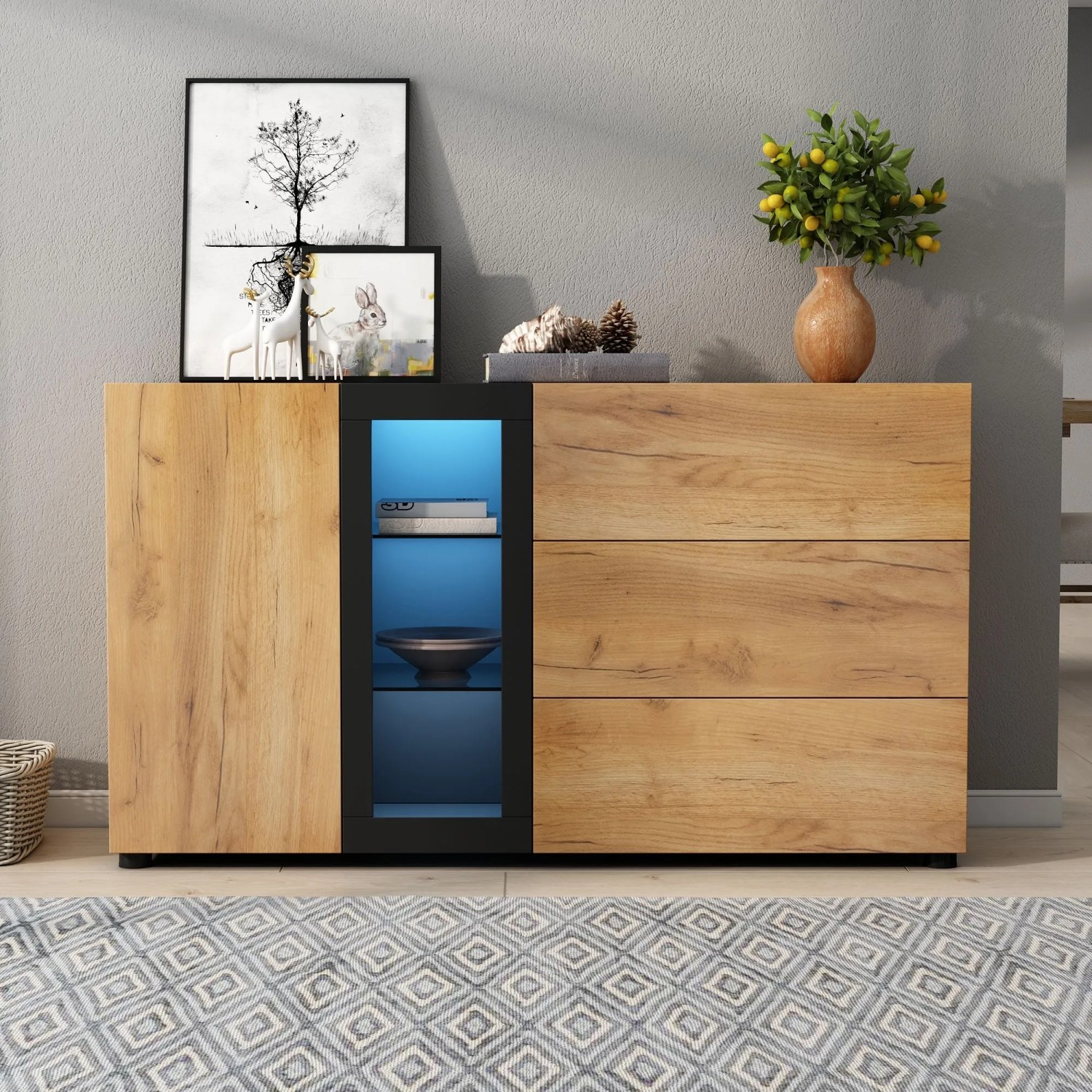 okwish Sideboard mit 3 Schubladen Glas Stauraum Wohnzimmer 140x40x80 cm Natur_4