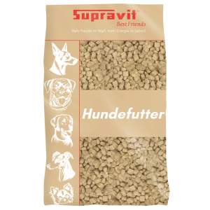 Supravit Hundetrockenfutter Huhn & Mais. Beige Packung mit Sichtfenster, zeigt Futterpellets und Hundeköpfe.