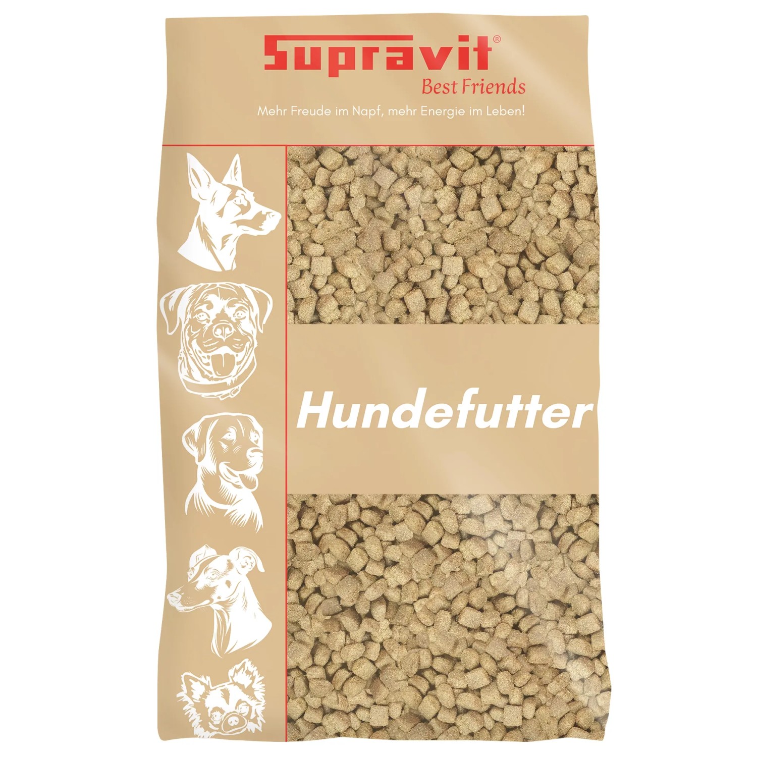Supravit Hundetrockenfutter Huhn & Mais. Beige Packung mit Sichtfenster, zeigt Futterpellets und Hundeköpfe.