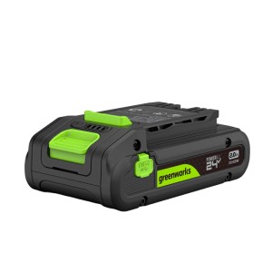 Greenworks 24V Akku 2Ah (43Wh) mit USB-C Anschluss. Schwarzes, robustes Gehäuse mit grünen Akzenten und LED-Ladeanzeige.