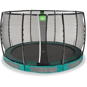 Grünes EXIT Allure Premium Bodentrampolin Ø 366 cm mit Sicherheitsnetz.
