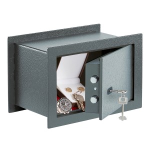 Burg Wächter Wandtresor Pure Safe PSW 120 K Anthrazit mit geöffneter Tür und Inhalt.