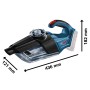 Bosch Professional GAS 18 V-1 Akku-Handstaubsauger (ohne Akku) in Blau/Schwarz mit Maßangaben.