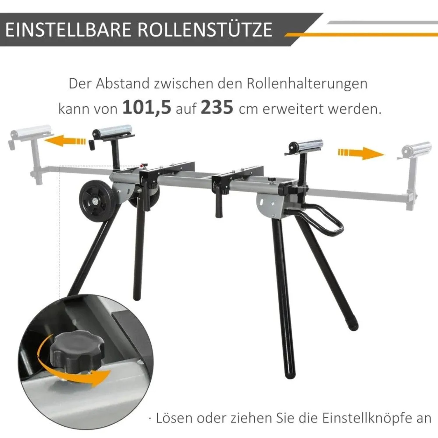 DURHAND Kapp- und Gehrungssägetisch: ausziehbare Rollenstützen von 101,5 auf 235 cm, schwarz-silber.