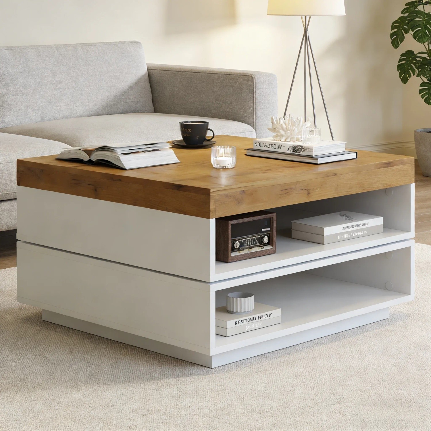 okwish Couchtisch mit LED Schubladen Drehbar 65x65x40cm Hochglanz Weiß_3