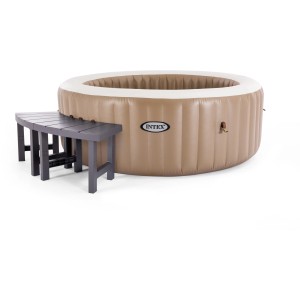Intex Spa Beistelltisch 2er-Set neben Whirlpool. Ablage oder Sitzbank aus grauem Kunststoff.