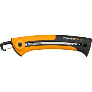 Fiskars Handsäge mit 16 cm Sägeblatt, orange-schwarzer Griff mit Gürtelclip.