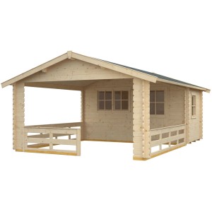 Skan Holz Gartenhaus Alicante 3 Natur mit Terrasse, 380x613cm. Holz-Gartenhaus mit Fenster und Überdachung.