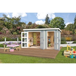 Lasita Holz-Gartenhaus Zambezi XL in Gletschergrün mit zwei offenen Räumen und Spielzeug.