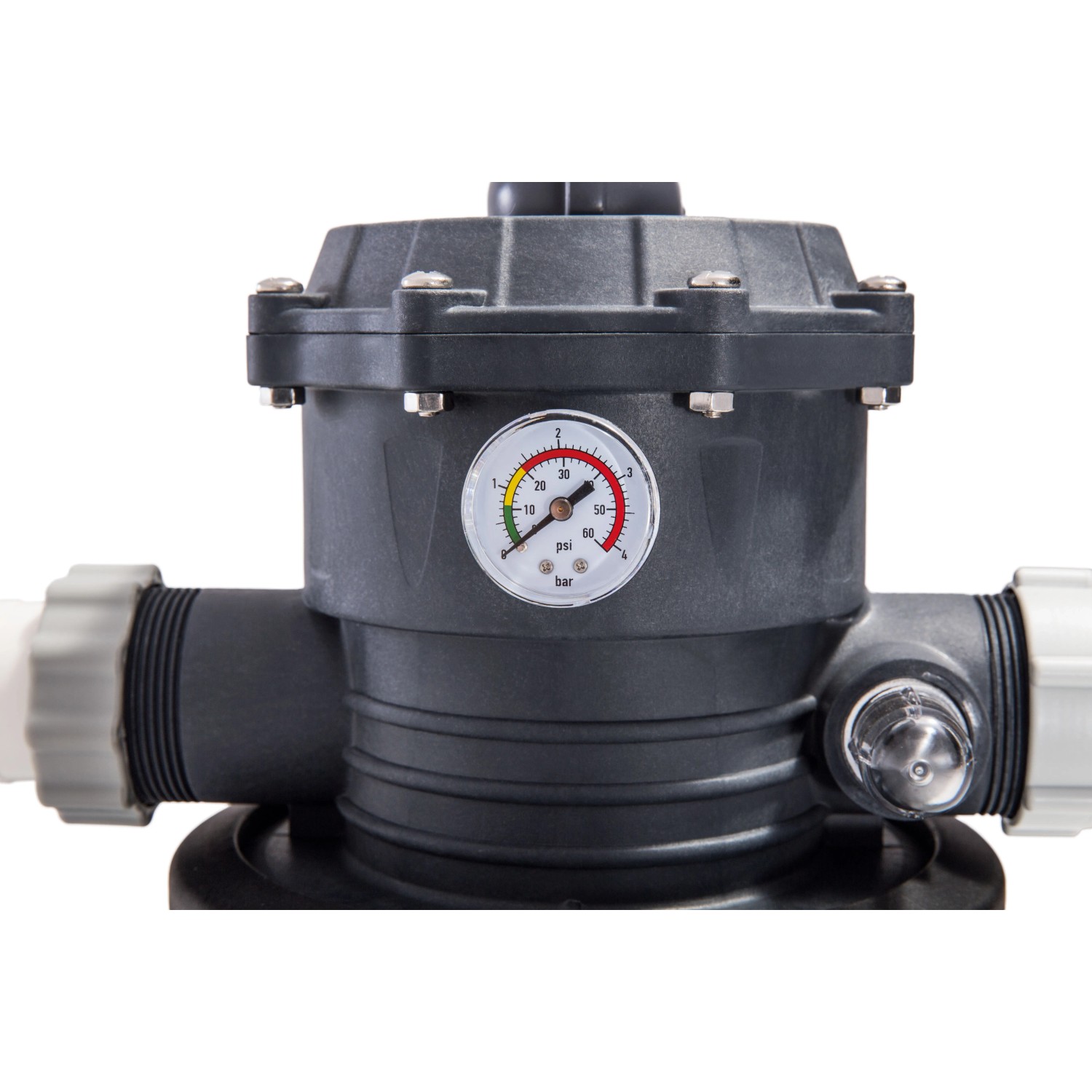 Detailaufnahme der Intex Krystal Clear Sandfilteranlage SX2800 mit Manometer.